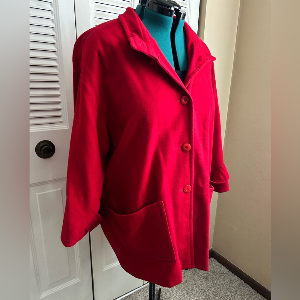Louben Red Wool Coat Size 12 Oversized Button Front Made in Canada Vintage